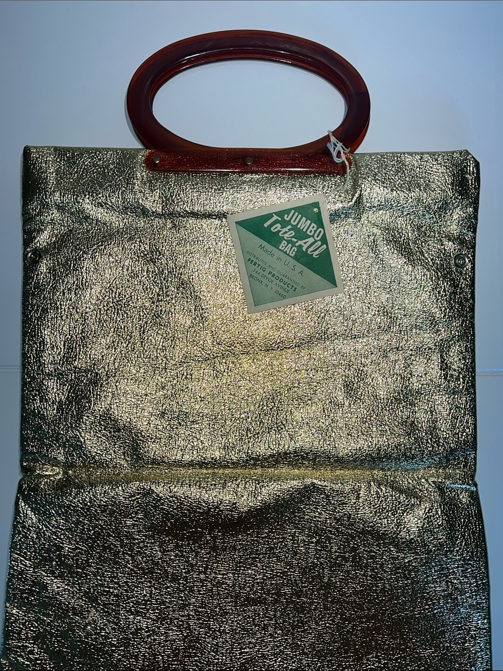 1960s Tote-All Bag Fertig Products Gold  Snap Tote to Clutch Lucite Handles NWT